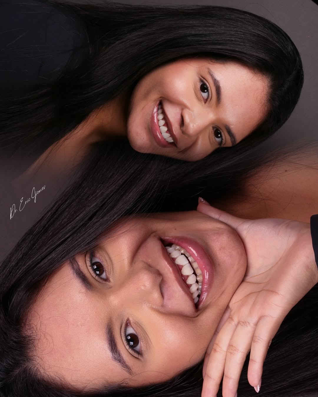 Montagem com dois retratos sorrindo